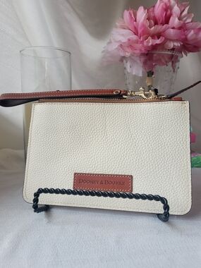 Dooney & Bourke Cream Pebbled Leather Wristlet with Brown Trim